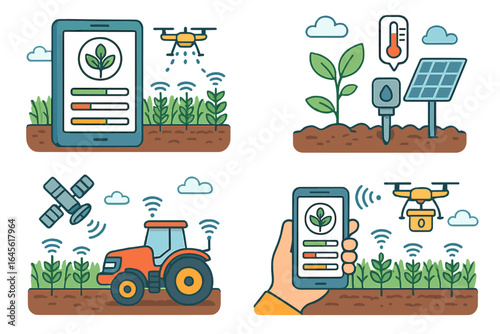 Smart farming technology vector illustration set. Agricultural innovation with drone, tractor, satellite, and sensors. Agritech, IoT, and automation for modern crop management.
