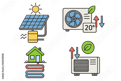 Renewable energy icon set for green technology. Solar panel water heater, geothermal house system, eco-friendly air conditioner and heat pump for heating and cooling. Vector.