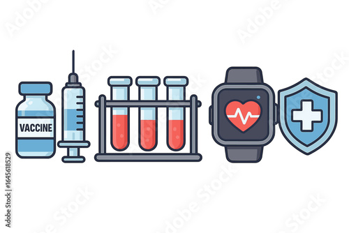 Medical icons vector set. Vaccine, injection, blood test tube, smartwatch for health monitoring, heart rate, and insurance shield. Modern healthcare technology concept.