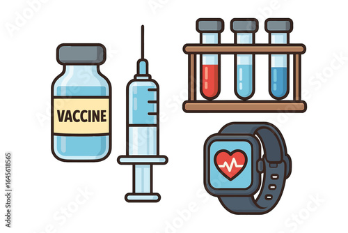 Medical technology and health monitoring. Vaccine, syringe, injection, test tubes for blood test. Smartwatch for heart rate. Healthcare and medicine vector icons set.