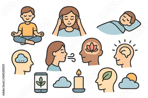 Mindfulness and mental health icon set. Meditation, yoga, relaxation, breathing exercises, and psychology symbols. Self care for stress relief and emotional balance.