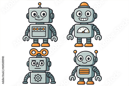 Set of cute cartoon robots. Collection of retro toy characters. Vintage android mascot illustration for kids. Future technology, AI, cyborg vector icon set isolated.