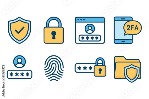 Security icons set for data protection and privacy. Authentication methods like 2FA, password, and fingerprint biometrics. Cyber safety concept with padlock and shield. Vector.