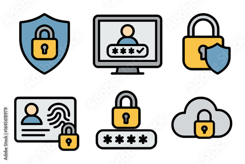 Security icon set illustrating digital protection measures. Vector concepts of data safety, user authentication, password login, privacy, cloud computing, and biometrics access.