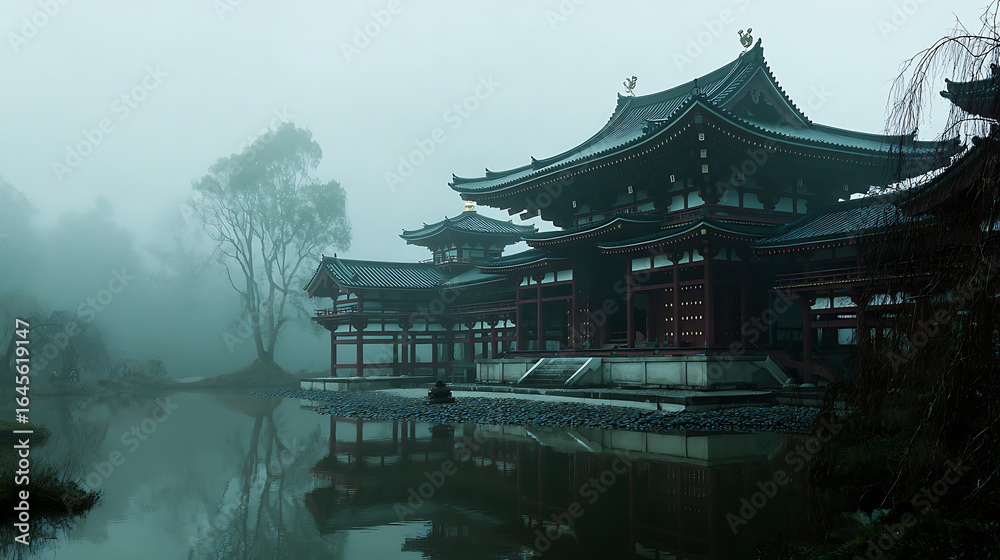 Obraz premium A serene Buddhist temple shrouded in morning fog (1)