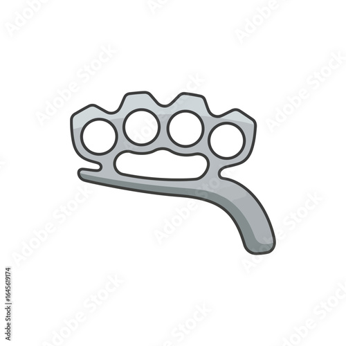 A metal knuckle duster is depicted with four finger holes and a curved handle.