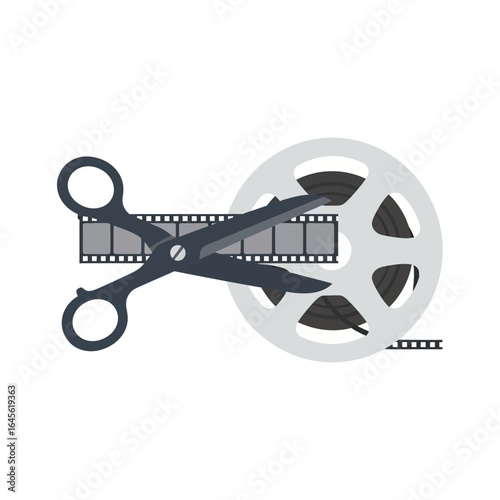 Scissors cutting film strip near a film reel representing editing or production.