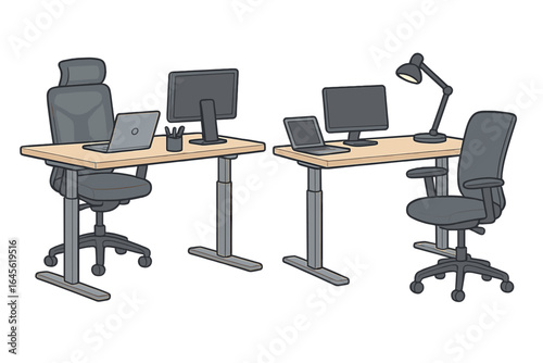 Modern ergonomic office furniture with adjustable standing desks and chairs. Workspace for comfort & productivity. Vector illustration for home office or co-working setup.