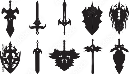 A vector set of diverse medieval sword and weapon silhouettes
