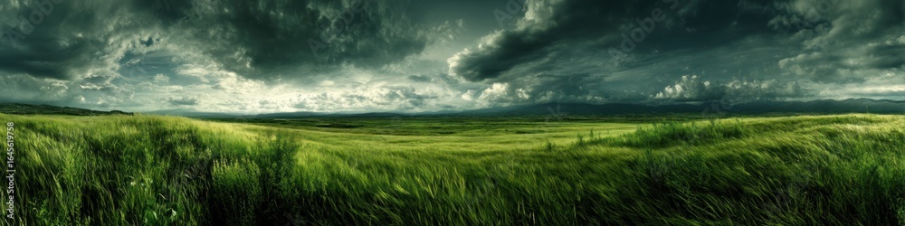 Obraz premium Dramatic green field landscape with stormy clouds and distant mountains
