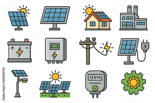 Solar energy technology icon set. Panels, battery, house, factory, power grid. Renewable, sustainable, and green power generation vector illustration collection. Eco concept.
