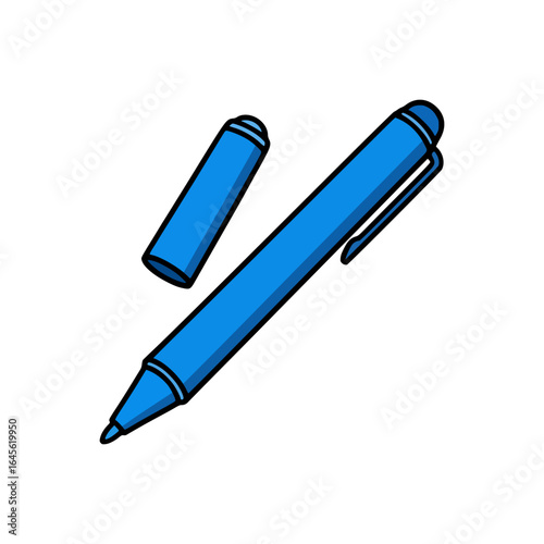 Minimalist vector artwork showing bright blue capped writing pen, designed in simple outlined style for office and school supplies
