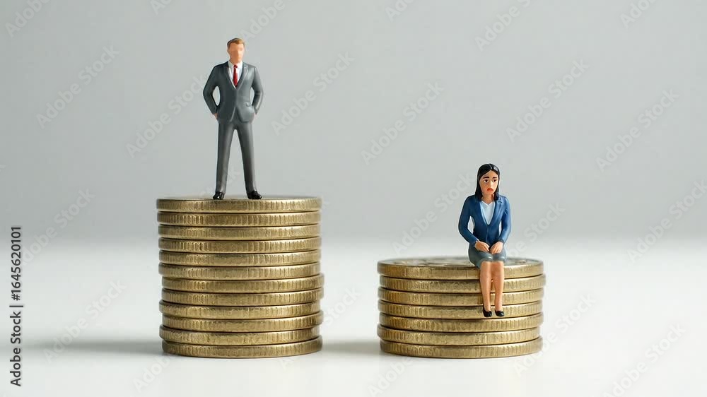 Miniature People Sitting on Coin Stacks Representing the Gender Gap Miniature People Sitting on Coin Stacks Representing the Gender Gap