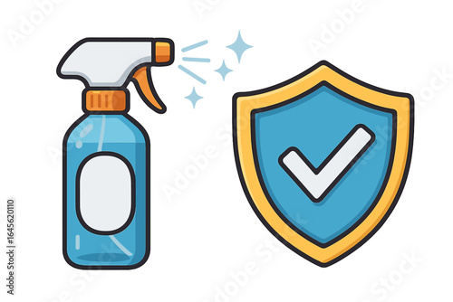 Protective spray bottle and shield icon. Concept of disinfection, cleaning, and sanitizing. Approved antibacterial and antiviral protection against germs and viruses.