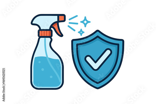 Disinfectant spray and shield icon. Concept of cleaning, sanitizing for protection. Hygiene and safety. Antibacterial liquid, germ defense. Approved quality check mark.