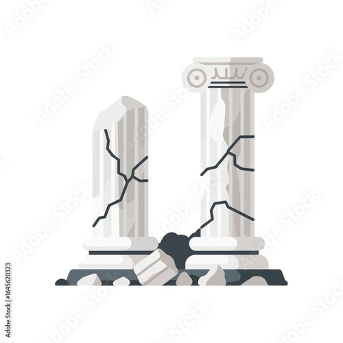 Two broken ancient columns with cracks and a fallen piece.