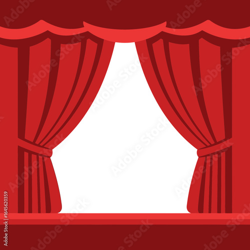 Red stage curtains frame a bright opening creating a theatre or performance scene.