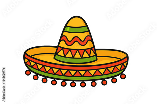 Traditional Mexican sombrero hat illustration. Vector icon for Cinco de Mayo, festivals, and celebrations in Mexico. Cartoon graphic of cultural symbol on white background.