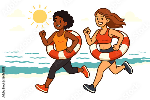 Two diverse women running on the beach with life rings. Concept for fitness, water safety, and summer fun. Vector cartoon illustration of friends exercising on vacation.