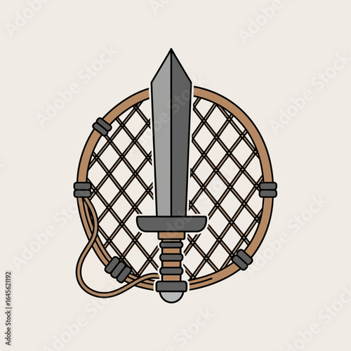 A sword pierces a circular net with a rope handle and metal accents.