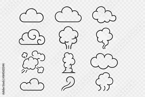 Set of cloud and smoke line icons. Collection of simple weather, steam, puff, and vapor symbols. Cartoon outline vector illustration for web design, pictograms, and infographics.