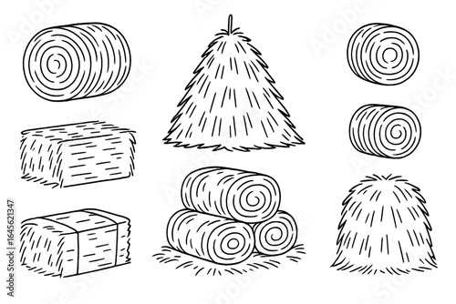 Hay bale and straw stack collection. Hand-drawn vector icons of farming and agriculture elements. Rural harvest symbols like hay rolls, stacks, and bundles. Simple line art.