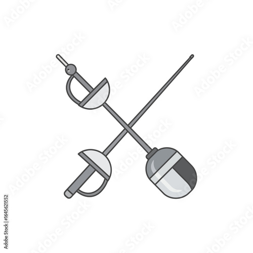 Two crossed swords represent fencing a sport involving combat with bladed weapons.