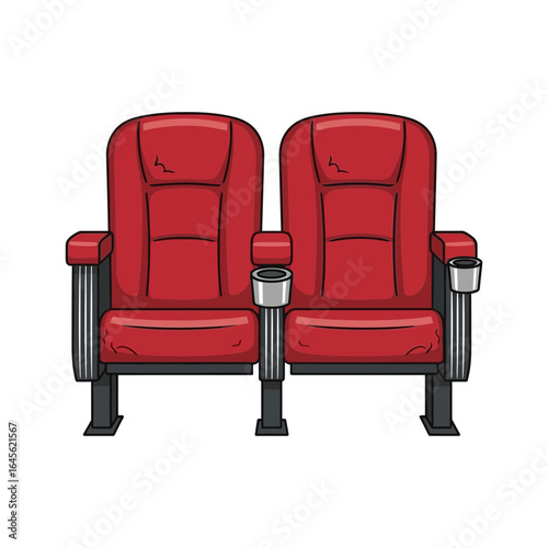 Two red theater seats side by side with armrests and cup holders.