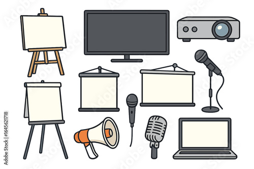Presentation equipment icon set for business conference and public speaking. Media communication technology with microphone, projector, screen, laptop, flip chart. Vector.