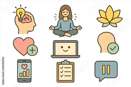 Mental health and wellness icon set. Vector icons for mindfulness, meditation, self care, psychology concept. Brain idea, yoga, mood tracker, checklist for digital well being.