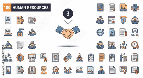 One hundred human resources icons; handshake, recruitment, management, and personnel documents.