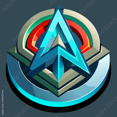 Vector art of circular geometric award emblem with a central triangular element and metallic finish, isolated on a dark background