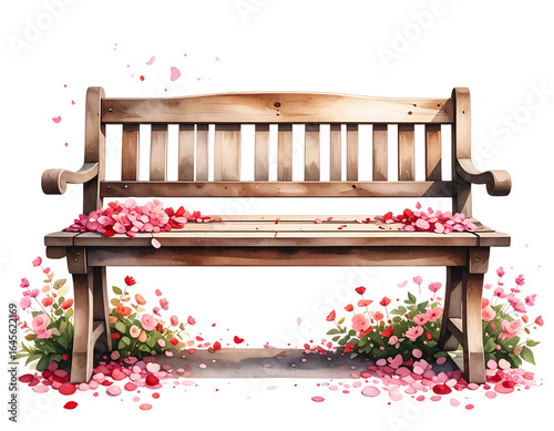 Watercolor Icon of a Wooden Bench Covered in Flower Petals, Front View, Isolated on Transparent Background 