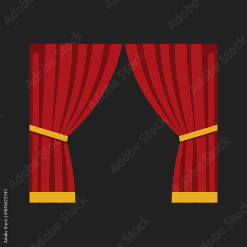 Red curtains are drawn back revealing a dark opening held by gold ties.