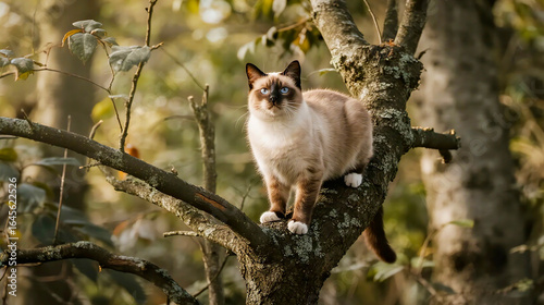 Siamese Cat on Tree Trunk