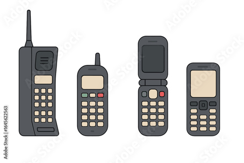 Technological evolution of mobile phones. Vector illustration of vintage, retro cellphones from the 80s and 90s. Set of old communication devices showing history. Flat design.