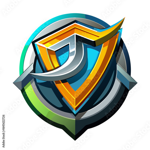 Vector art of modern abstract geometric emblem with futuristic tech design, symbolizing competition, victory, and achievement in esports and gaming, isolated on white background
