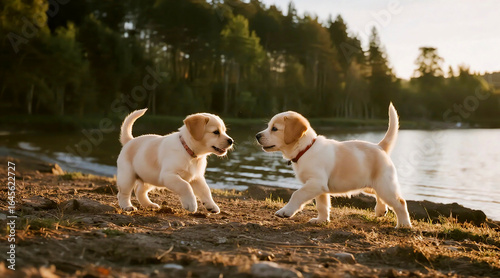 Labradors Playing by Lake