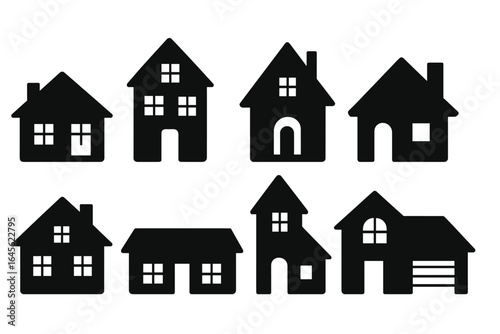 House silhouette icon set. Real estate graphic element collection. Simple black home and building symbols for design. Minimal flat residential vector illustration asset.