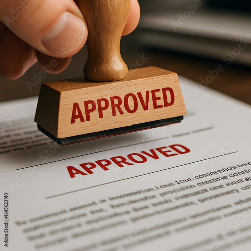 Close-up of a hand stamping the word APPROVED in red ink on an official document, symbolizing confirmation, permission, and formal validation. Concept of approval, authority, and business process.
