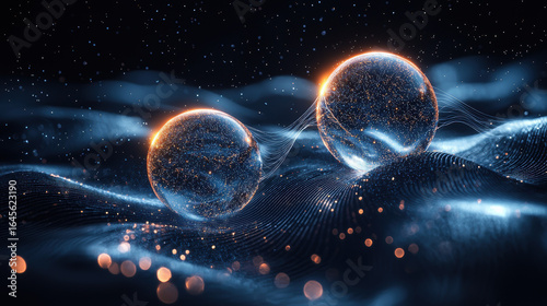Intertwined glowing orbs in quantum entanglement immersed in dark space with energy ripples