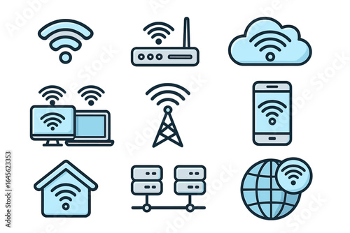 Wireless technology icon set for internet and communication. Wifi, network, router, cloud data, server, smartphone, and smart home symbols. Vector graphic illustration pack.