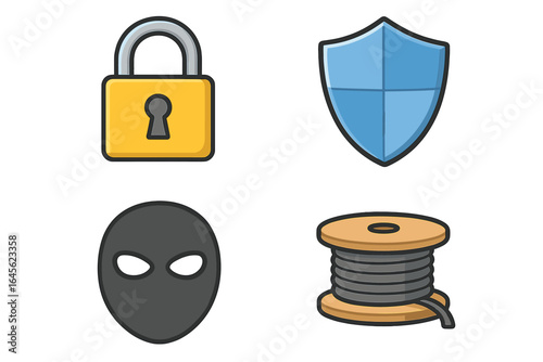 Cybersecurity icon set with padlock, shield, hacker mask, and network cable. Vector concepts for internet safety, data protection, privacy, cybercrime, and network security.