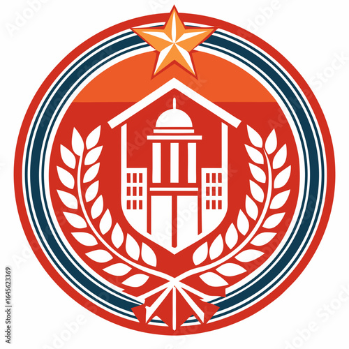 Vector art of university emblem featuring a classical building and laurel branches, representing academic excellence and institutional heritage, isolated on white background
