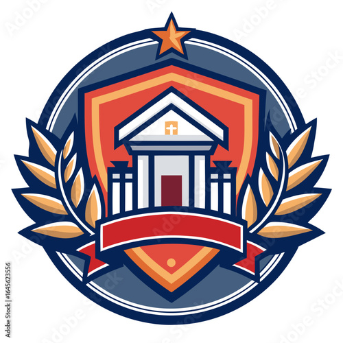 Vector art of college emblem with building, star and laurel wreath, isolated on white background