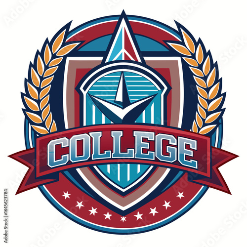 Vector art of college emblem with the word college on a banner, featuring laurel wreath and stars, symbolizing education and achievement