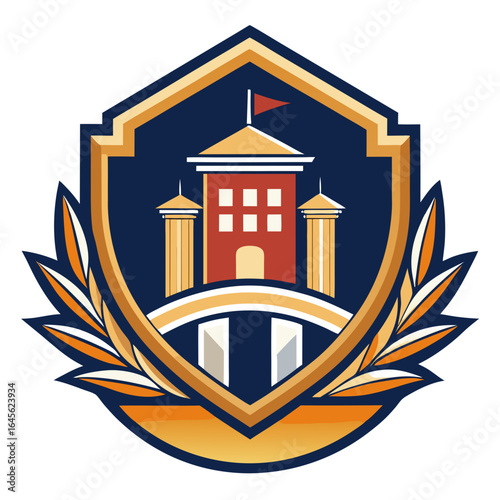 Vector art of coat of arms emblem featuring a university building with columns and laurel branches, symbolizing education and academic achievement