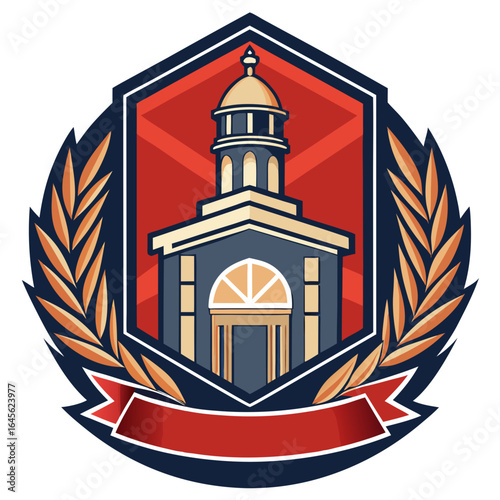 Vector art of classic building with dome and tower, framed by laurel wreath and ribbon, symbolizing education, law, and government