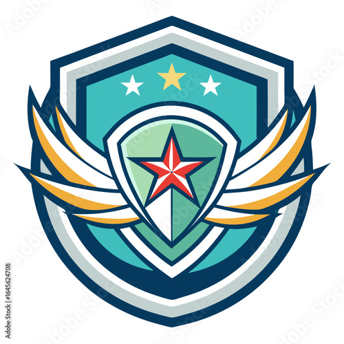 Vector art of modern shield badge emblem with star and wings, representing military, defense, security, and achievement, suitable for sports teams, organizations, or businesses