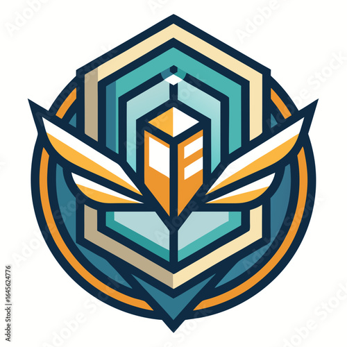 Vector art of abstract geometric hexagon emblem with wings, representing innovation, success, and forward momentum in modern design